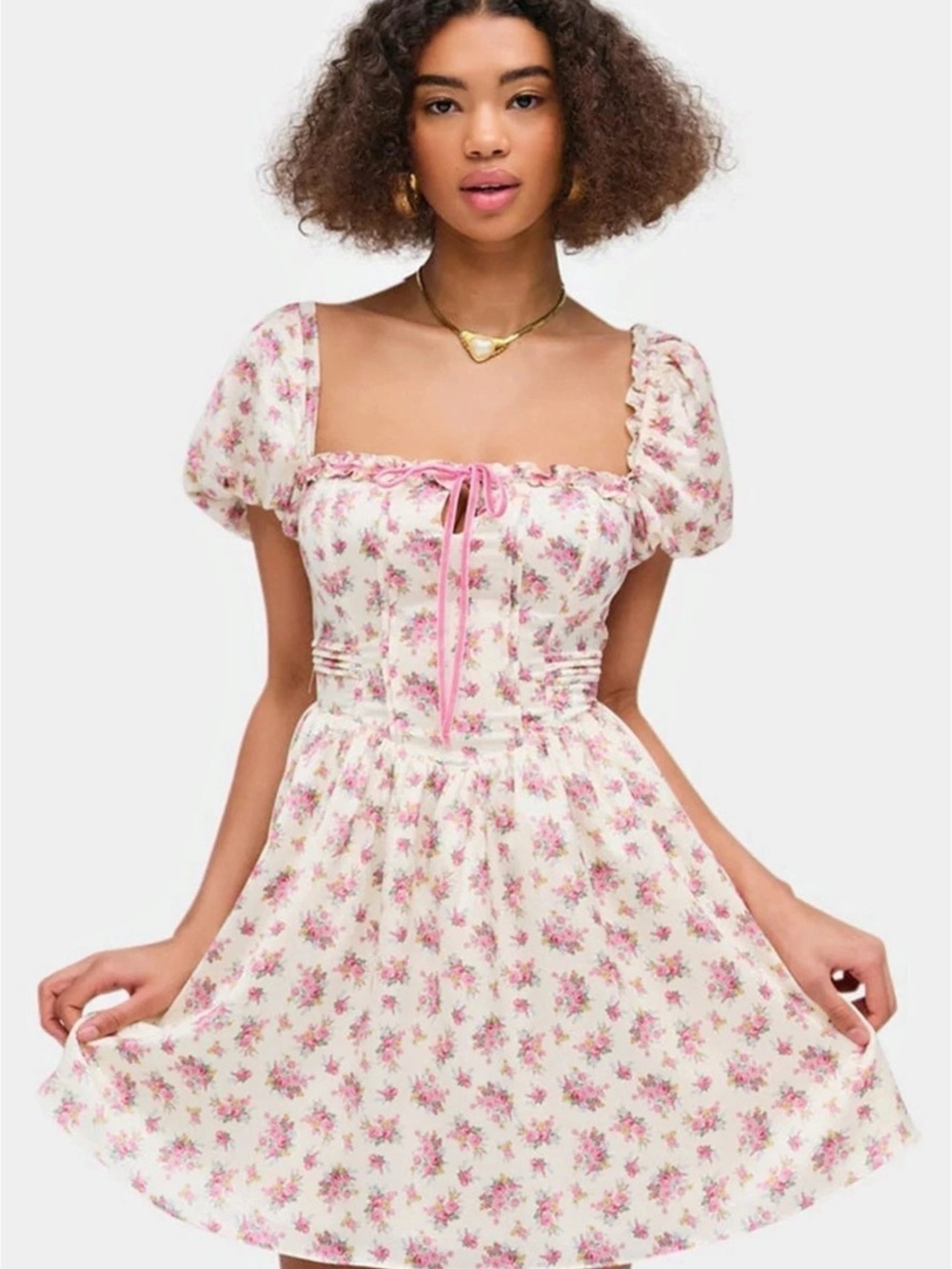 For Love & Lemons Paulina Puff Sleeve Mini Dress Pink & White